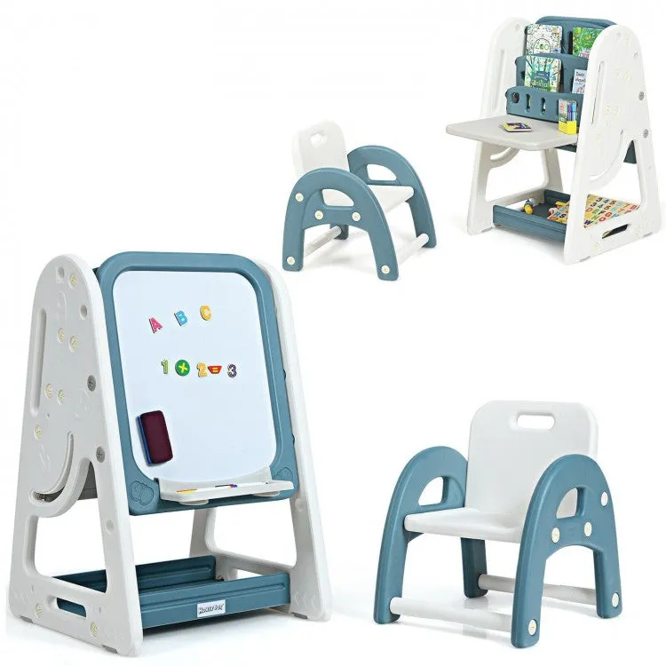 2-in-1 Kids Easel, Desk & Chair Set, Book Rack and Adjustable Art Painting Board