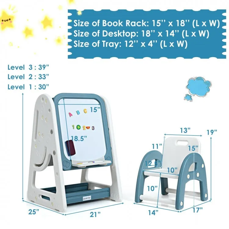 2-in-1 Kids Easel, Desk & Chair Set, Book Rack and Adjustable Art Painting Board