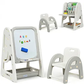 2-in-1 Kids Easel, Desk & Chair Set, Book Rack and Adjustable Art Painting Board