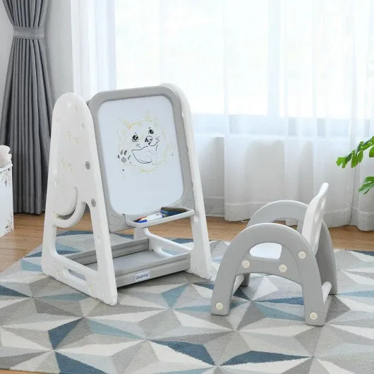 2 in 1 Kids Easel Desk Chair Set Book Rack Adjustable Art Painting Board-Gray