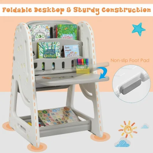 2 in 1 Kids Easel Desk Chair Set Book Rack Adjustable Art Painting Board-Gray