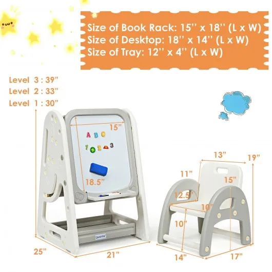 2 in 1 Kids Easel Desk Chair Set Book Rack Adjustable Art Painting Board-Gray