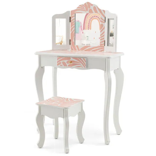 2 in 1 Kids Vanity Table Set with Tri-folding Mirror-Pink