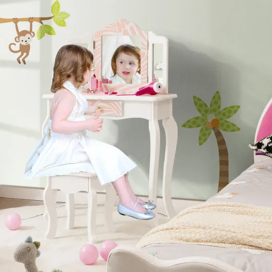 2 in 1 Kids Vanity Table Set with Tri-folding Mirror-Pink