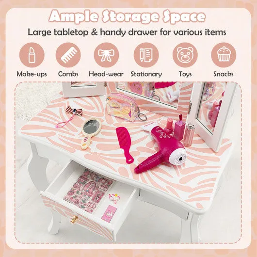 2 in 1 Kids Vanity Table Set with Tri-folding Mirror-Pink