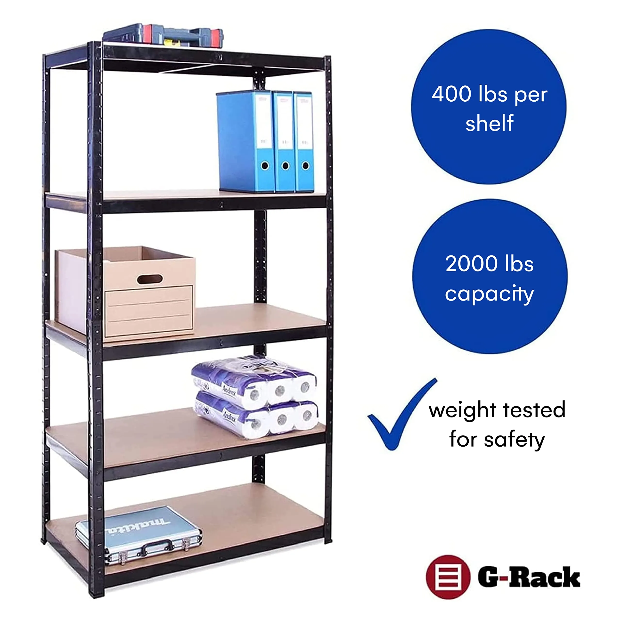 59 x 30 x 12 inches, Black 5 Tier (200LB Per Shelf), 2000LB Capacity Garage Shed Storage