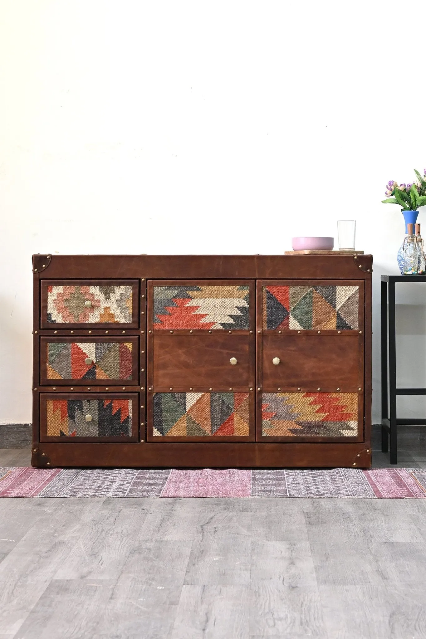 AMELIA  CHEST OF DRAWERS - KILIM AND LEATHER