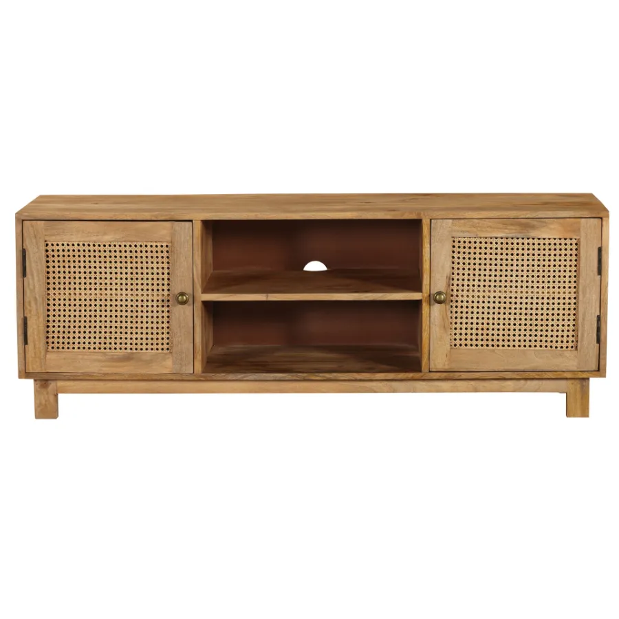 Byron Solid Wood Rattan 140 cm Modern Entertainment TV Unit with Storage