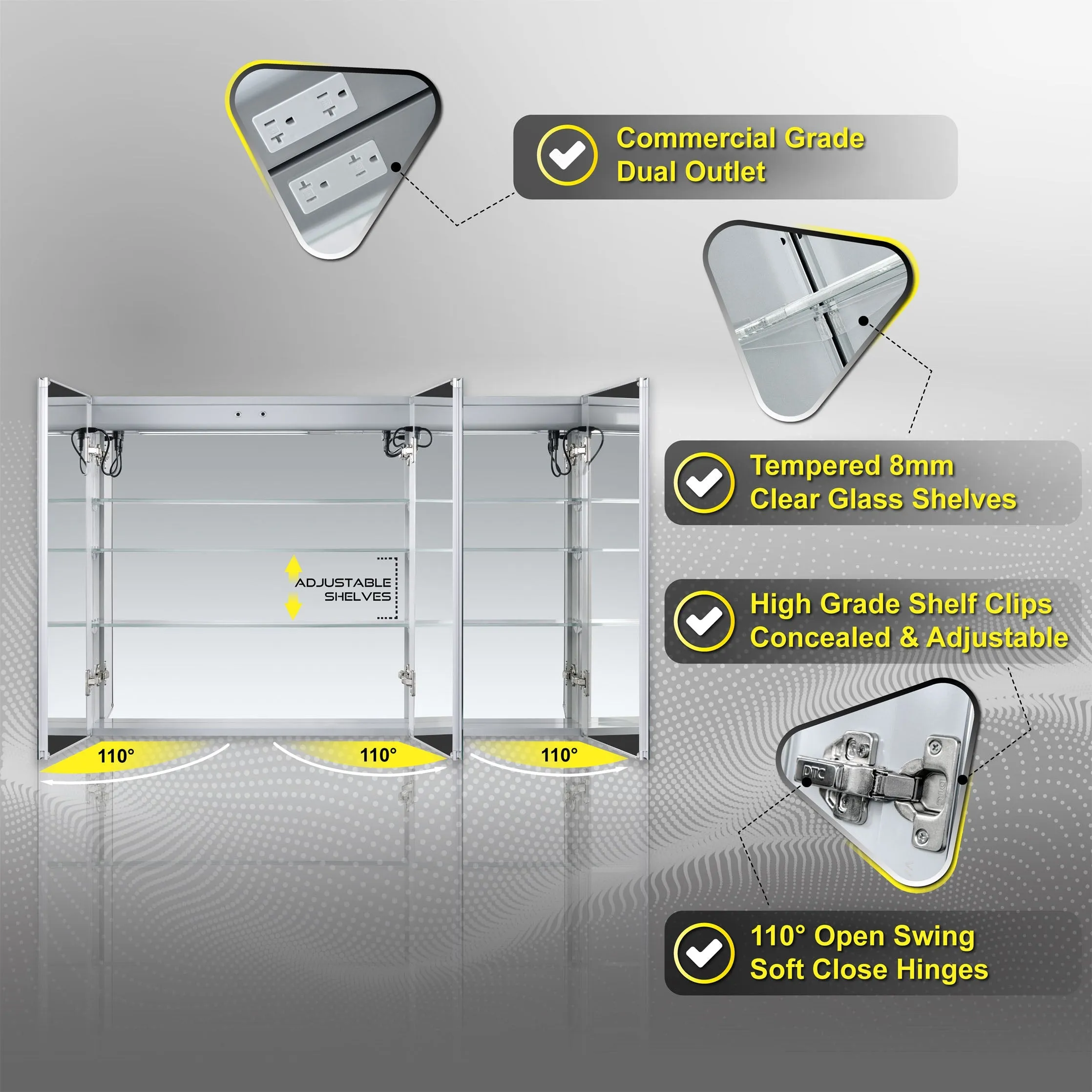 DECADOM LED Mirror Medicine Cabinet Recessed or Surface, Dimmer, Clock, Room Temp Display, Dual Outlets Duna 48x32