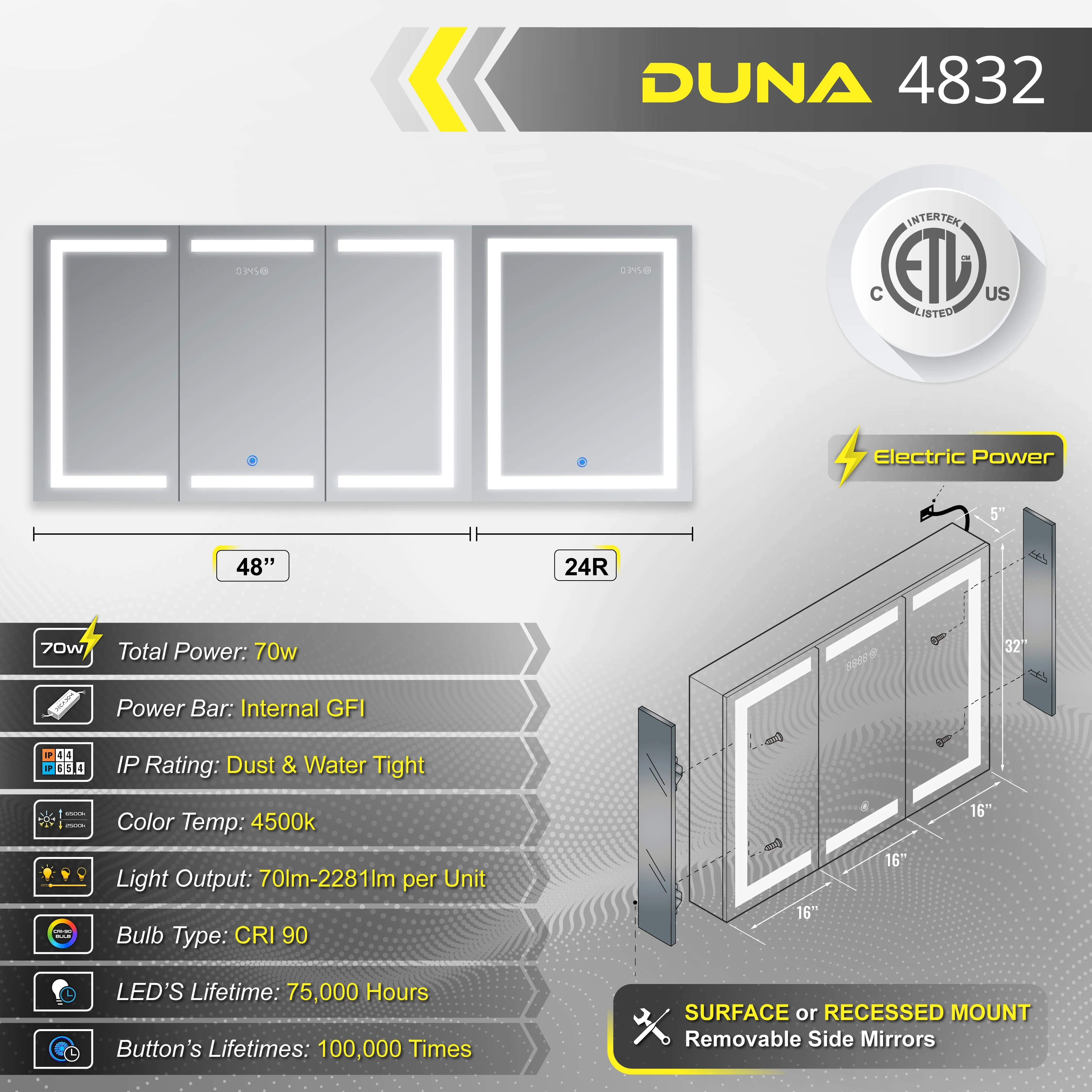 DECADOM LED Mirror Medicine Cabinet Recessed or Surface, Dimmer, Clock, Room Temp Display, Dual Outlets Duna 48x32