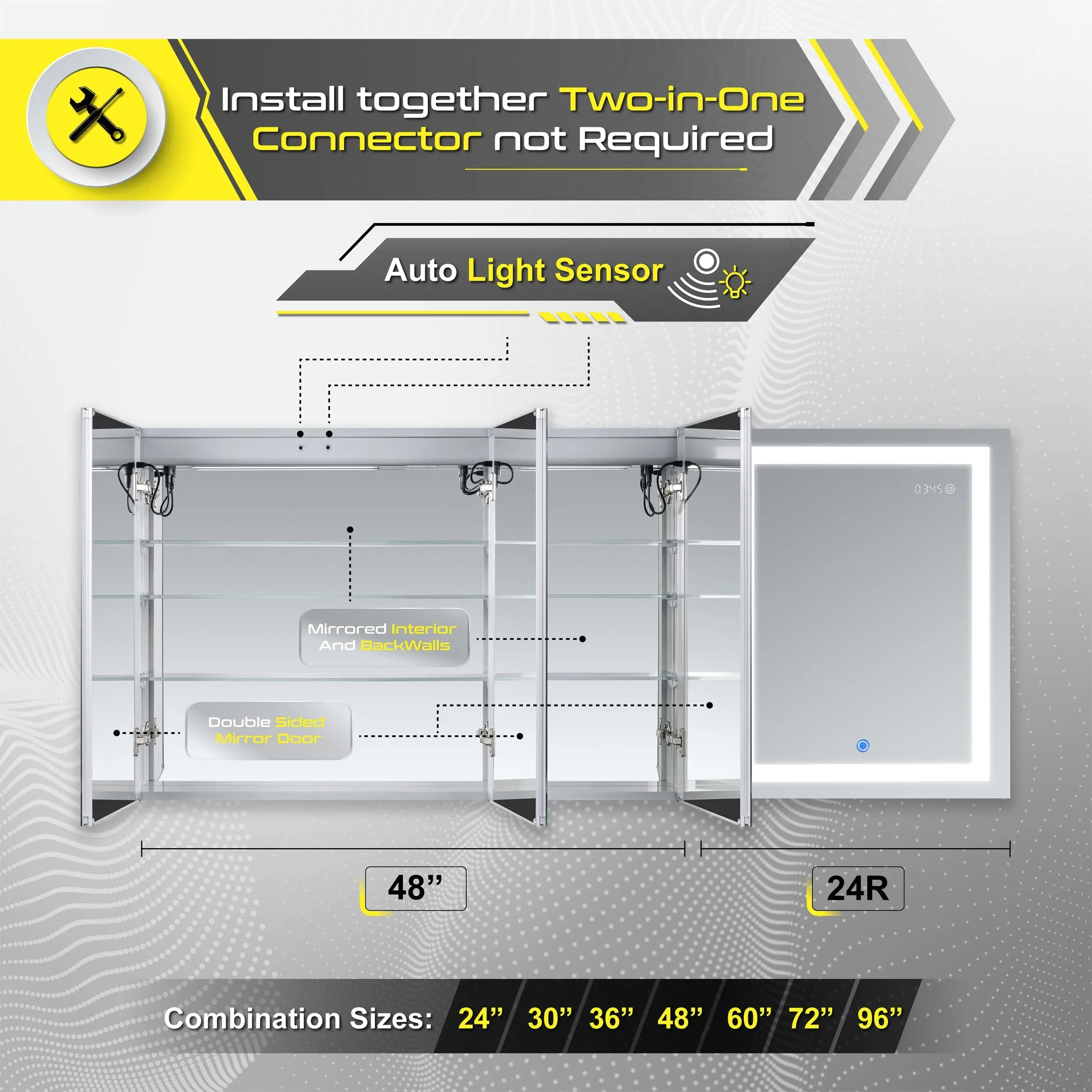 DECADOM LED Mirror Medicine Cabinet Recessed or Surface, Dimmer, Clock, Room Temp Display, Dual Outlets Duna 48x32