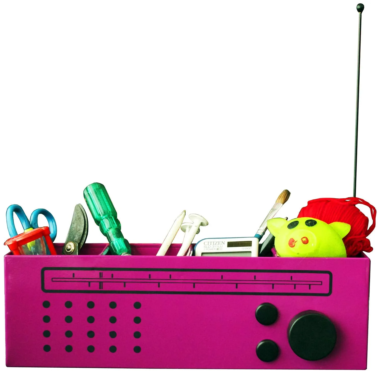 Elan Radio Desk Organizer, 4 Compartments, Pen and Makeup Stand (Pink)