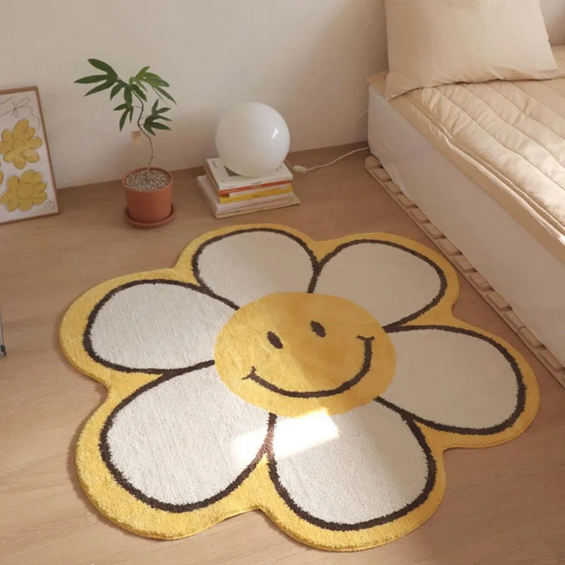 Flower Rug for Living Room Nordic Smiley Flower Carpet Bedroom Bedside Area Rug Plush Floor Mat Home Decor Non-slip Bath Mat