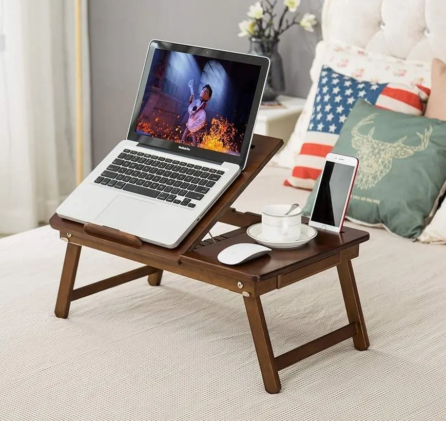 Foldable Laptop Desk Tray, Wooden Breakfast Serving Tray/Study Table with Drawer