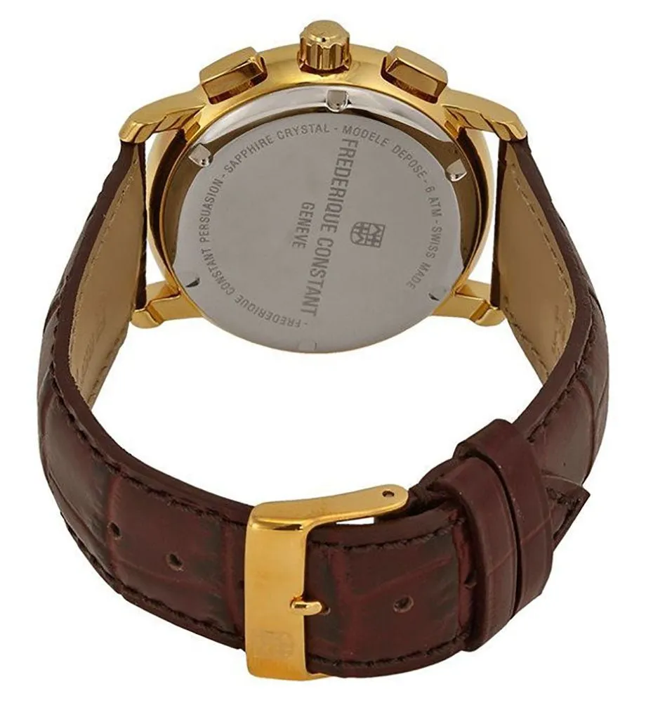 Frederique Constant Persuasion Classics Chronograph Yellow Gold Plated Steel Silver Dial Brown Leather Strap Date Quartz Mens Watch FC-292MC4P5