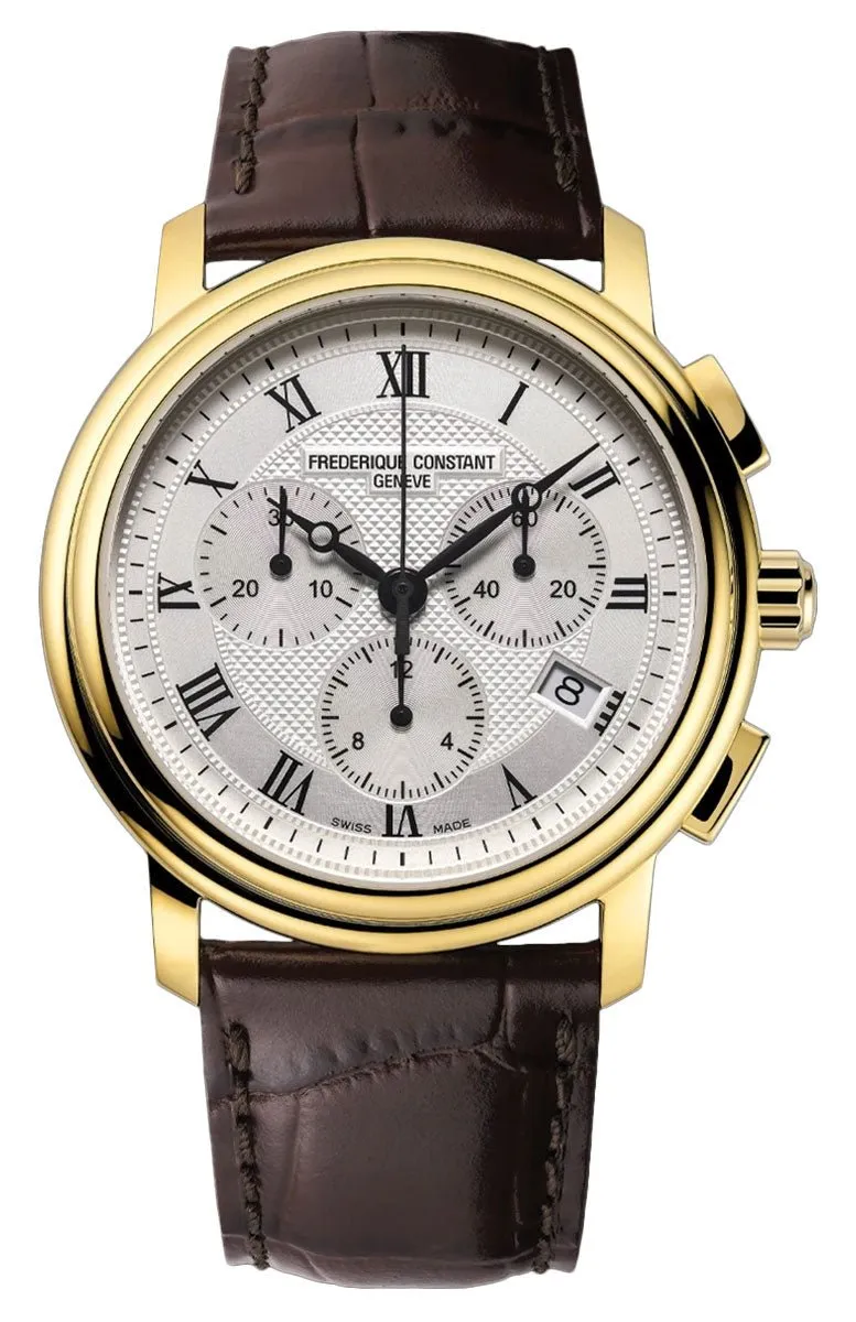 Frederique Constant Persuasion Classics Chronograph Yellow Gold Plated Steel Silver Dial Brown Leather Strap Date Quartz Mens Watch FC-292MC4P5