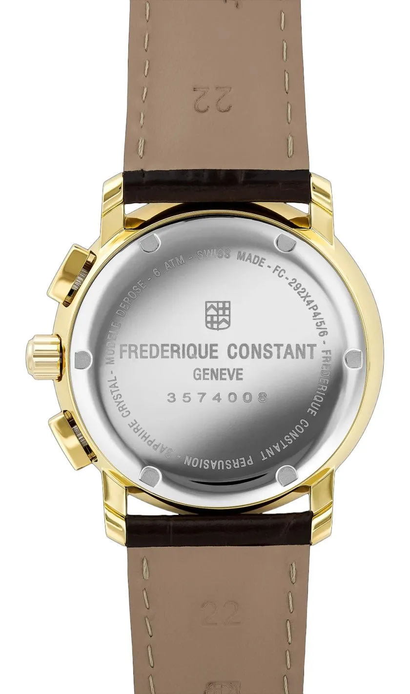 Frederique Constant Persuasion Classics Chronograph Yellow Gold Plated Steel Silver Dial Brown Leather Strap Date Quartz Mens Watch FC-292MC4P5