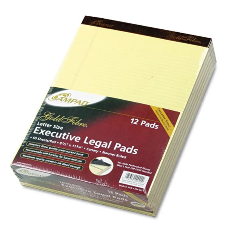 Gold Fiber Watermarked Writing Pads, Narrow Rule, Letter 16# Paper, Canary (12-pack, 50 sheet pads)