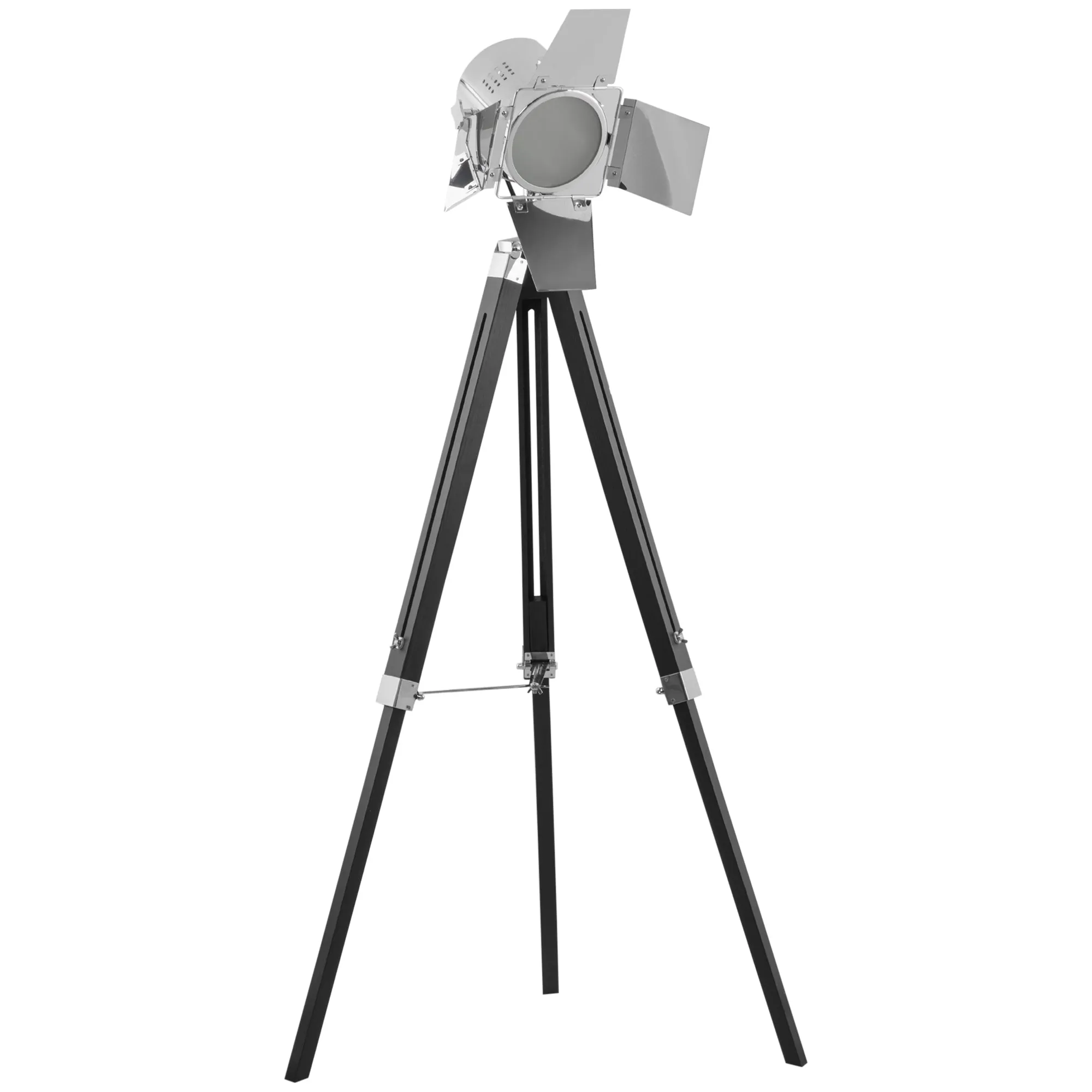 Industrial Tripod Floor Lamp, Nautical Cinema Standing Spotwith Wood Legs and Adjustable Height for Living, Bedroom, Black and Silver