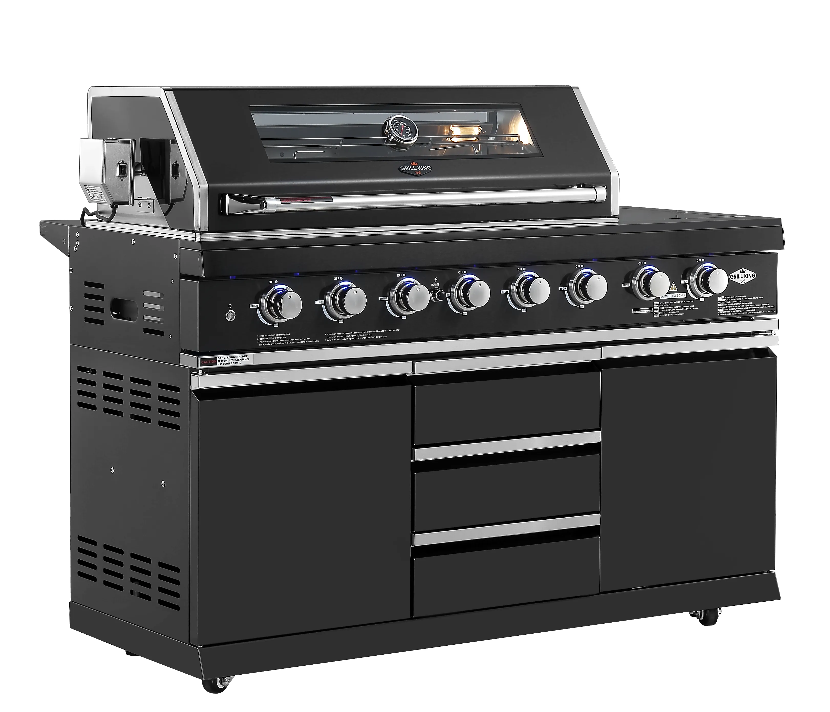 Kingsley 6-Burner Outdoor BBQ Kitchen: Black Stainless Steel, Stone Bench, Fridge, Sink, Height Adjustable