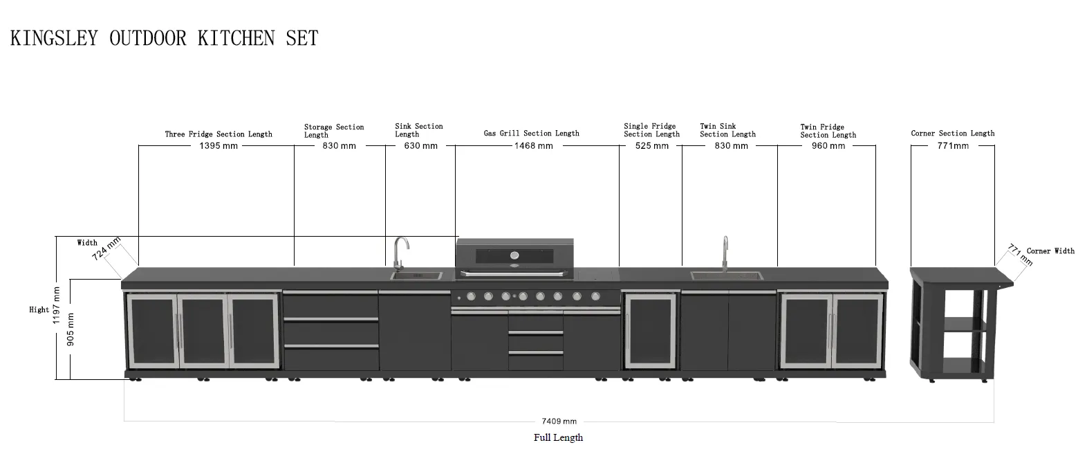 Kingsley 6-Burner Outdoor BBQ Kitchen: Black Stainless Steel, Stone Bench, Fridge, Sink, Height Adjustable