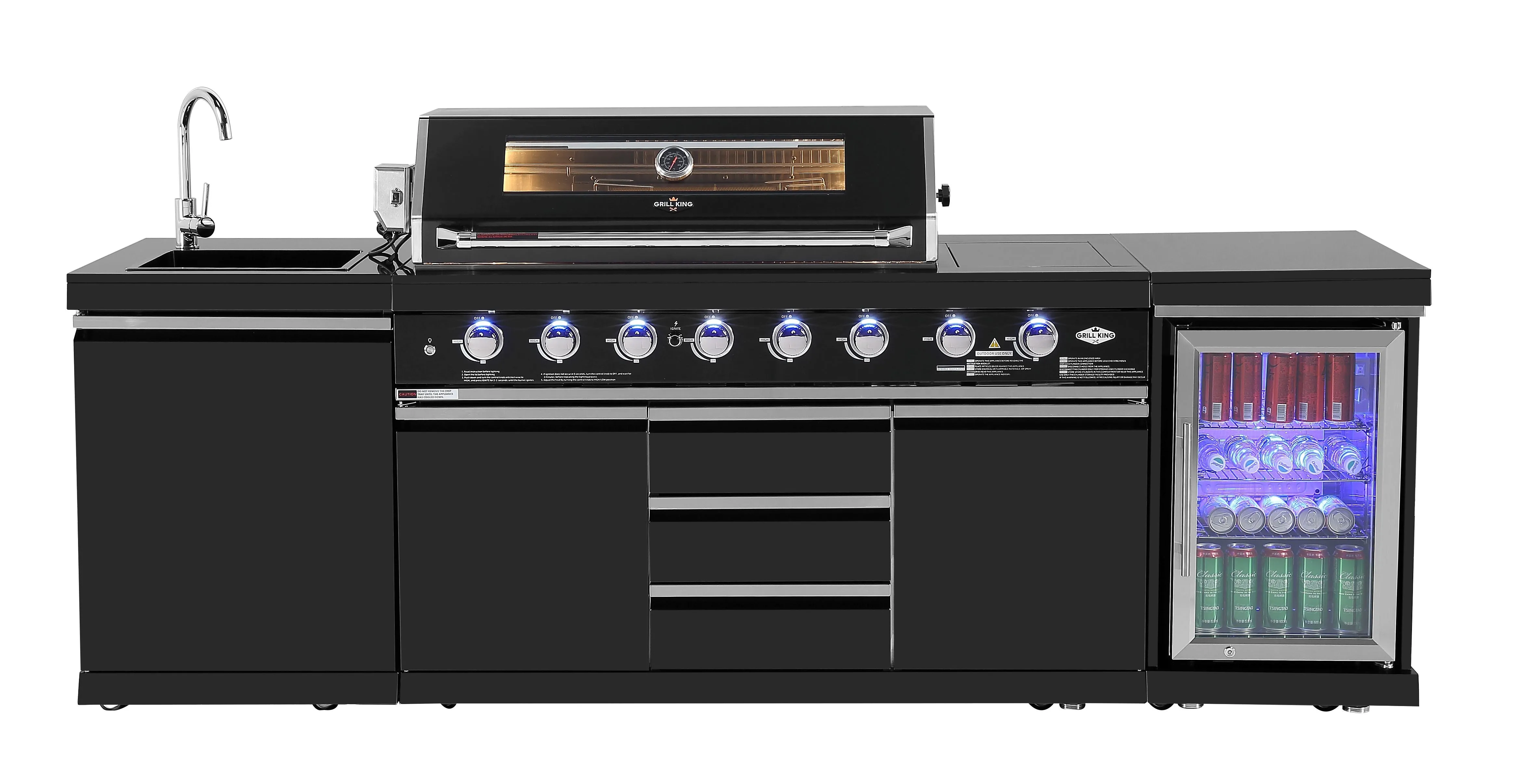 Kingsley 6-Burner Outdoor BBQ Kitchen: Black Stainless Steel, Stone Bench, Fridge, Sink, Height Adjustable