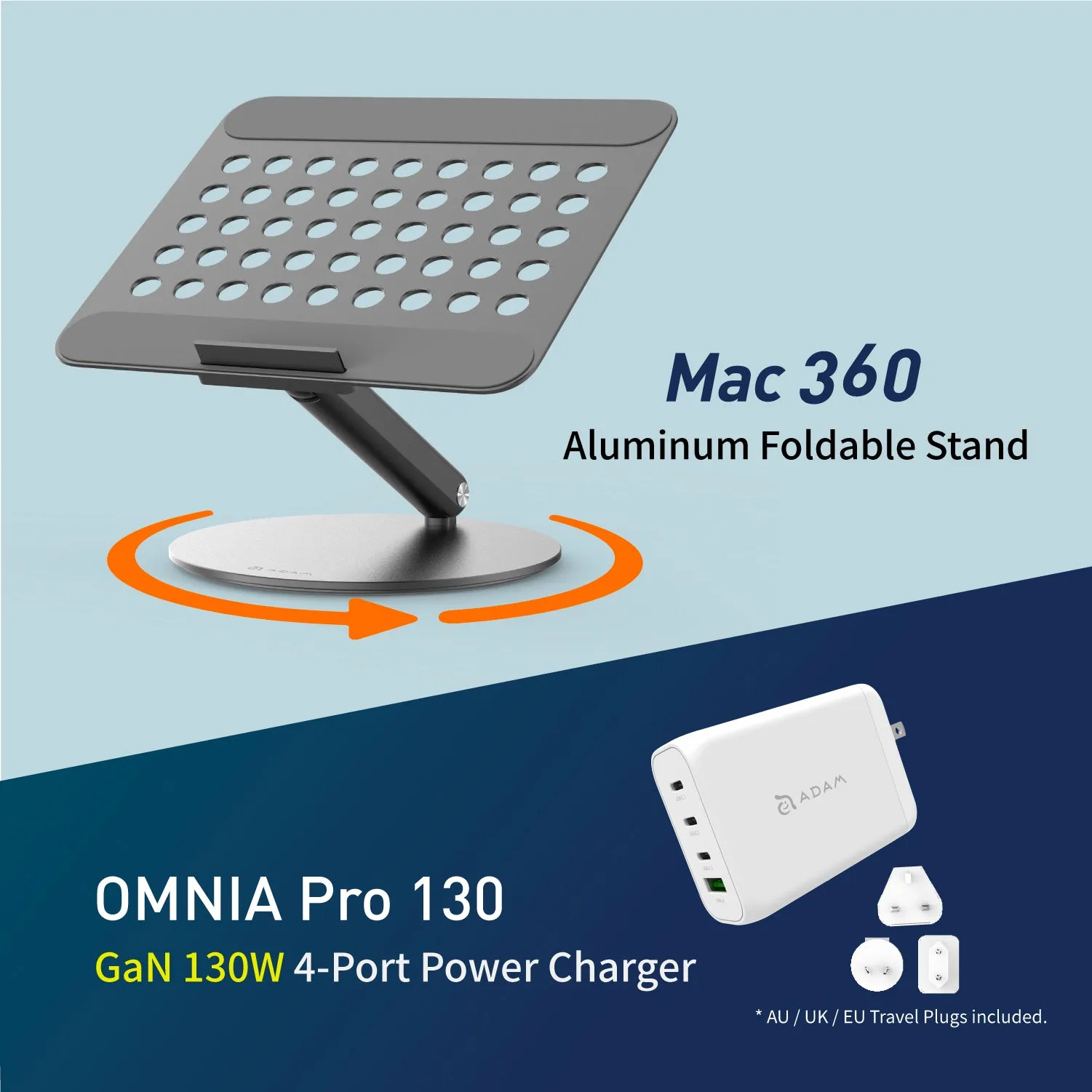 Mac 360 Aluminum Foldable Stand   OMNIA Pro 130 - 130W 4-Port Power Charger