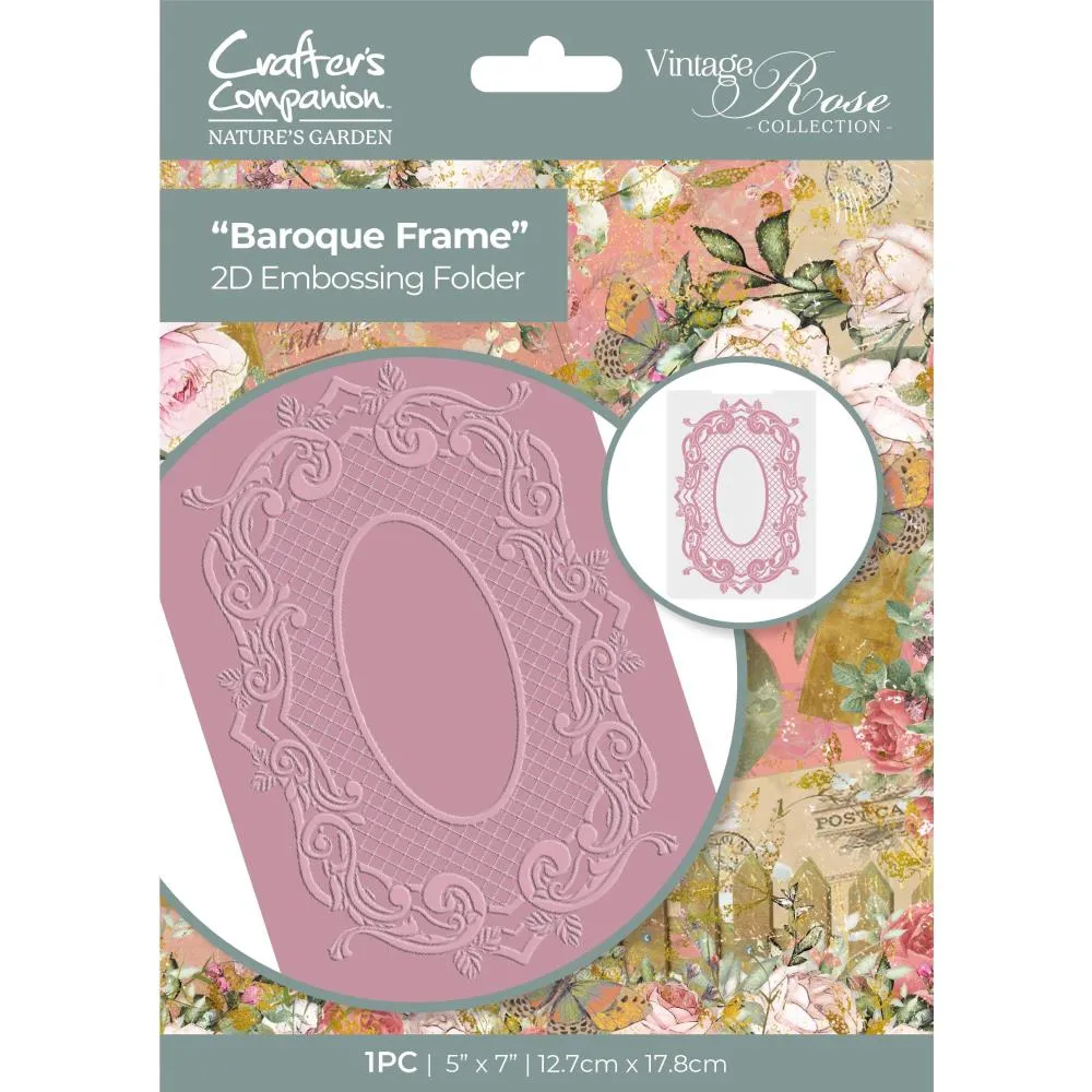 Nature's Garden Vintage Rose 2D Embossing Folder 5"X7" Baroque Frame