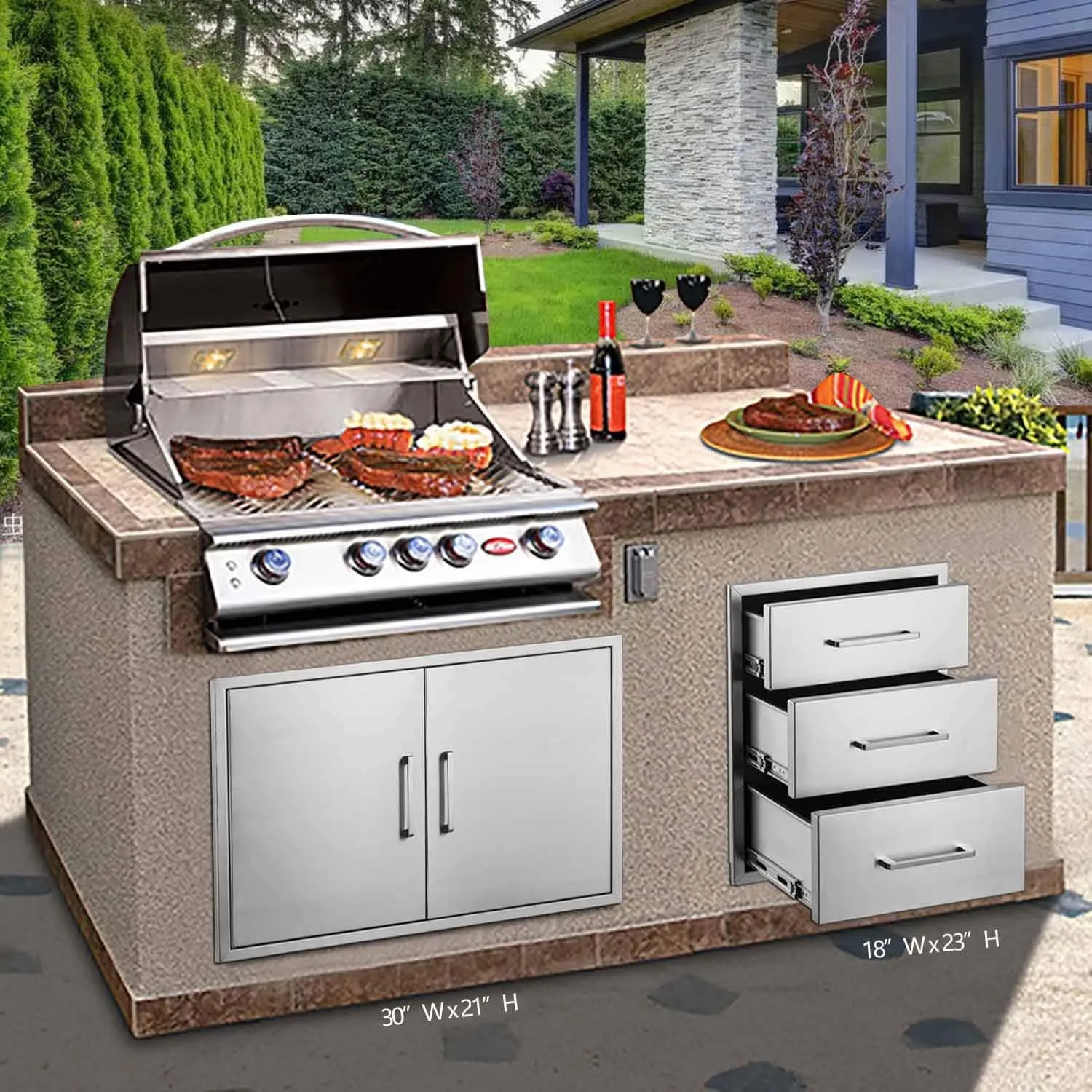 Outdoor Kitchen Drawers Stainless Steel 3-Drawer BBQ Drawer 18" W x 23" H x 23"