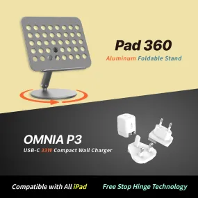 Pad 360 Aluminum Foldable Stand   OMNIA P3 USB-C 33W Compact Wall Charger