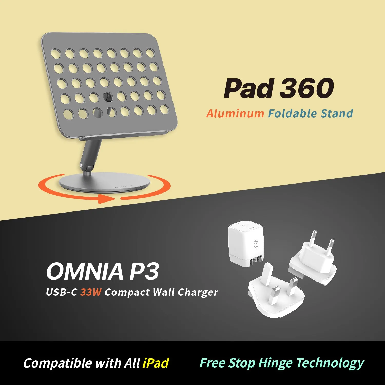 Pad 360 Aluminum Foldable Stand   OMNIA P3 USB-C 33W Compact Wall Charger