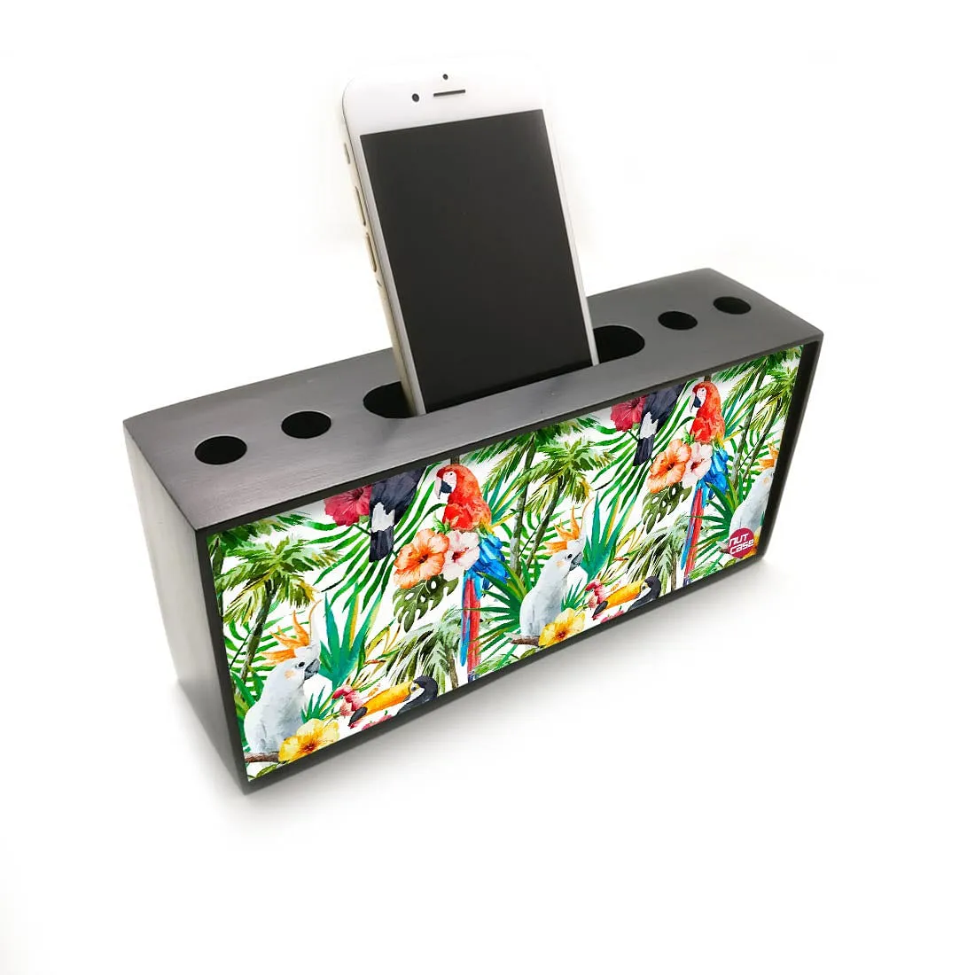 Pen Mobile Stand Holder Desk Organizer - Green Leaves With White Parrot