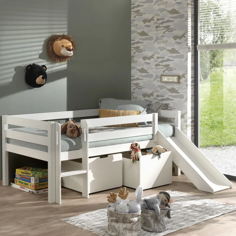 Pino Midsleeper with Ladder 2 Drawers and Slide in White