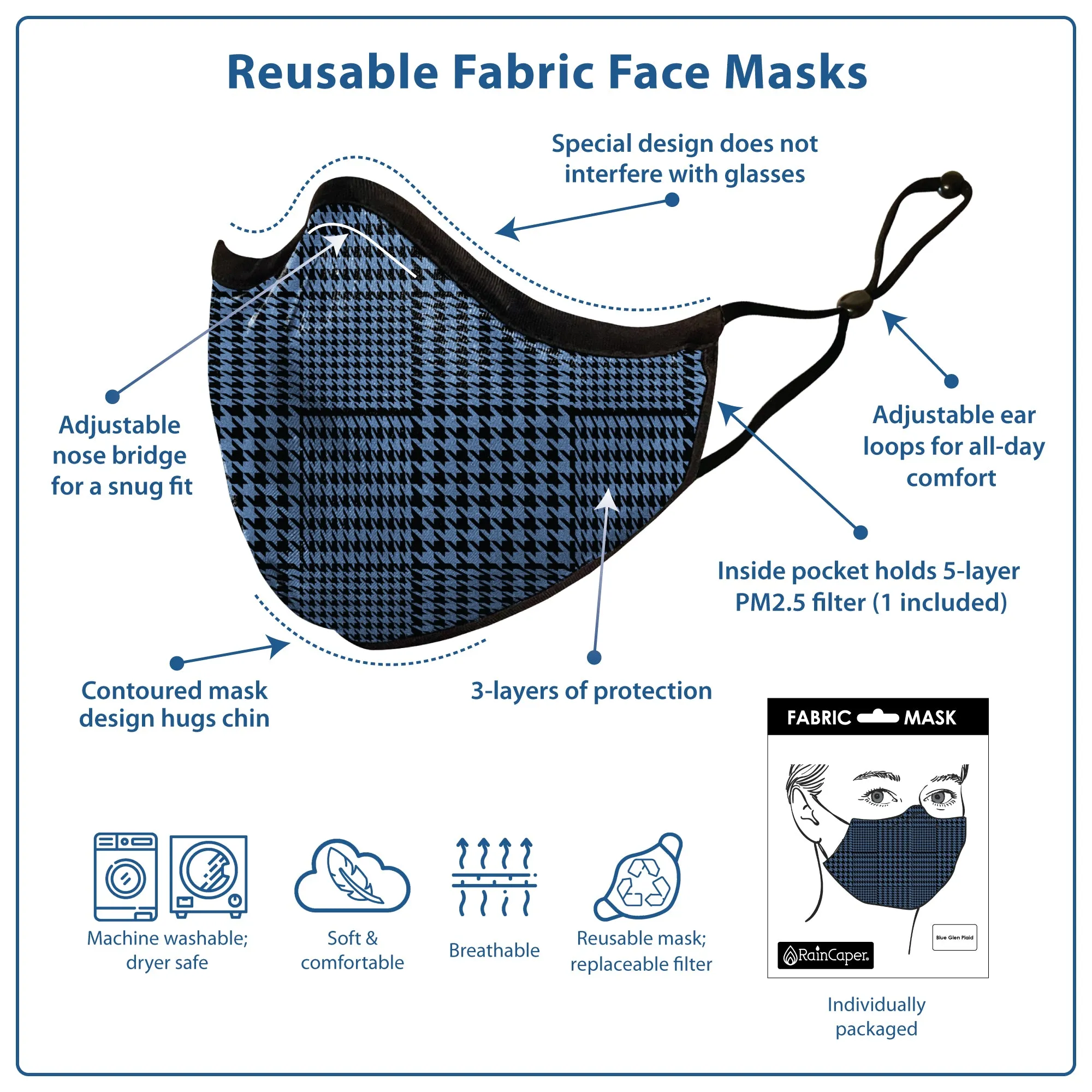 RainCaper Blue Glen Plaid Reusable Fabric Face Mask