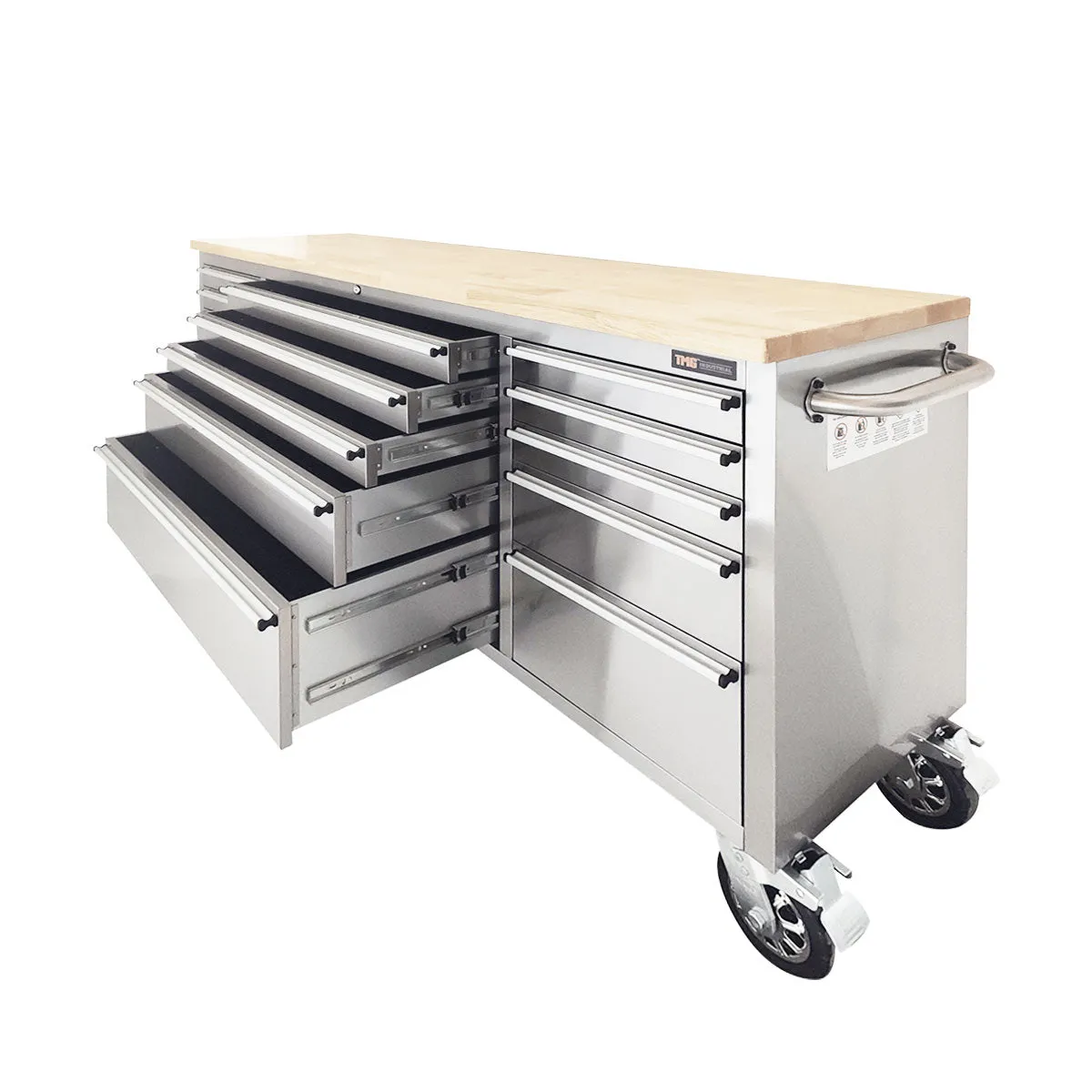 TMG Industrial 72” Stainless Steel Rolling Workbench, Rubberwood Tabletop, 15 Lockable Drawers, Locking Wheels, TMG-WB7215S