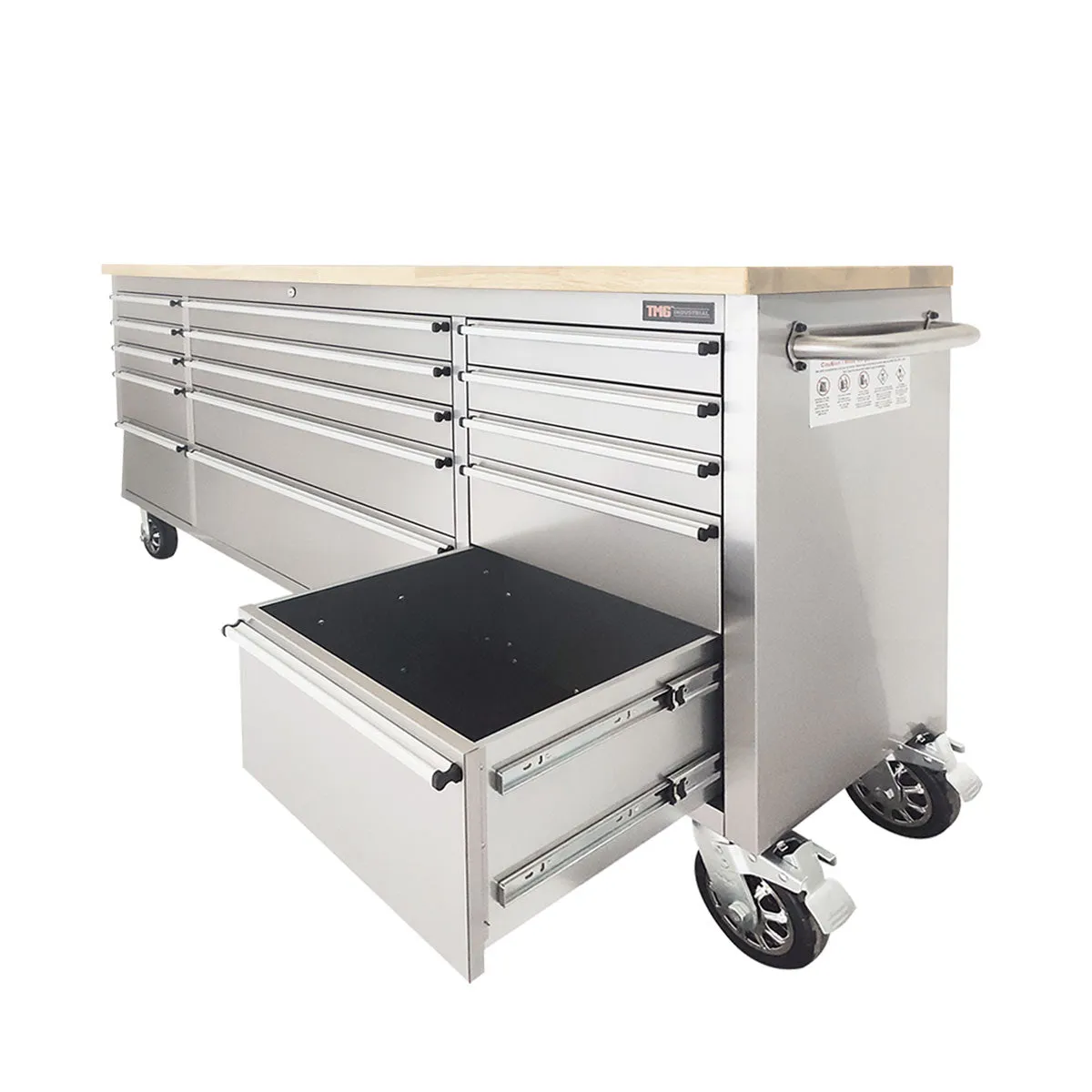 TMG Industrial 72” Stainless Steel Rolling Workbench, Rubberwood Tabletop, 15 Lockable Drawers, Locking Wheels, TMG-WB7215S