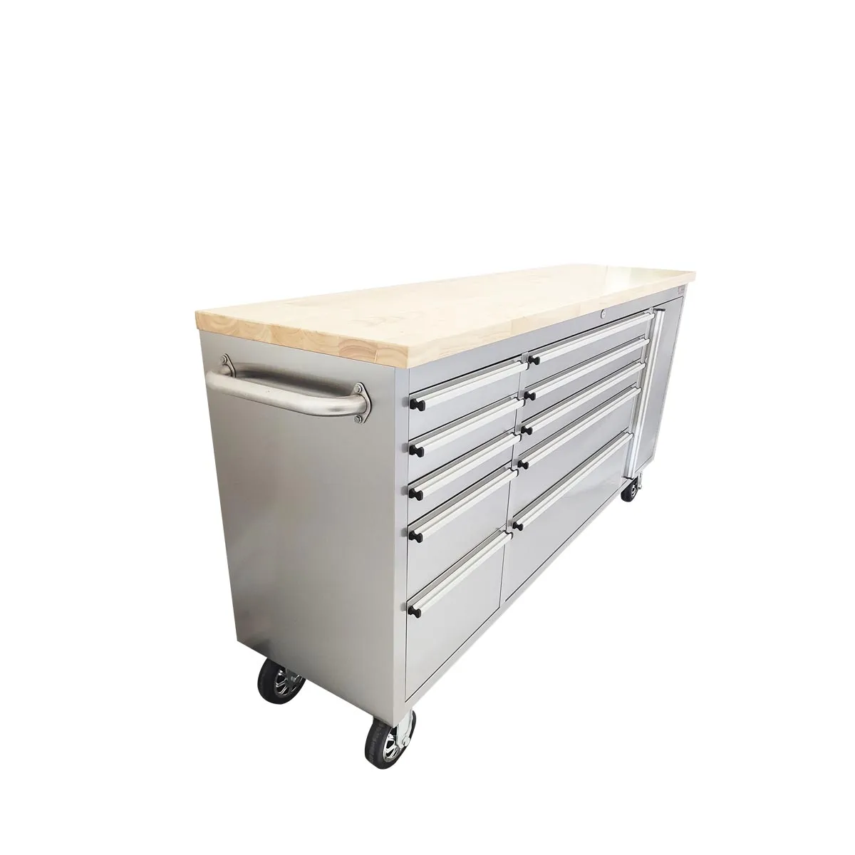 TMG Industrial 72” Stainless Steel Rolling Workbench, Rubberwood Tabletop, Lockable Drawers and Cabinet, Locking Wheels, TMG-WB7210S