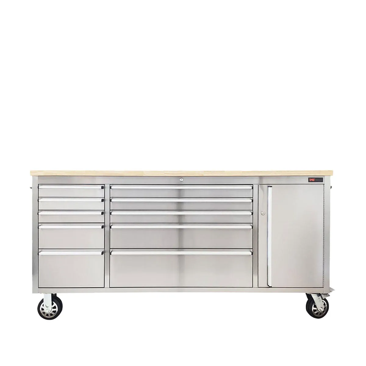 TMG Industrial 72” Stainless Steel Rolling Workbench, Rubberwood Tabletop, Lockable Drawers and Cabinet, Locking Wheels, TMG-WB7210S