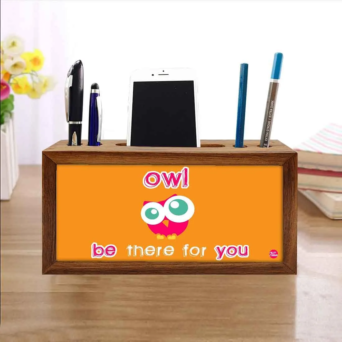 Wood desk accessories Pen Mobile Stand - Cute Owl